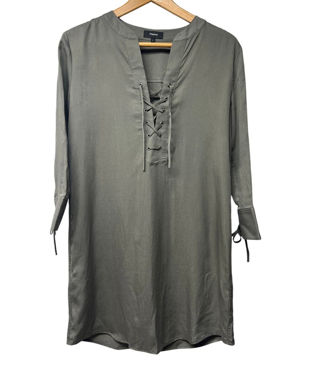 Theory Size 4 Jullitah R2 Tencel Olive Green Lace Up Shirt Dress 3/4 Sleeves